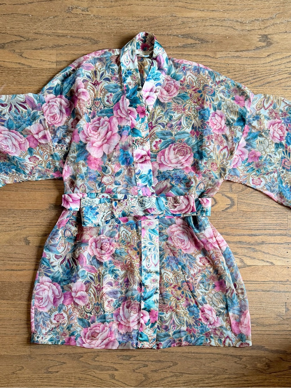 Beautiful Floral Lace Trim Satin Slip Nighty With Matching Kimono Robe - Picture 5 of 6